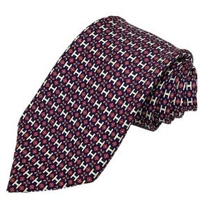HERMÉS Neck Tie Navy with White H Pattern + Pink Accents